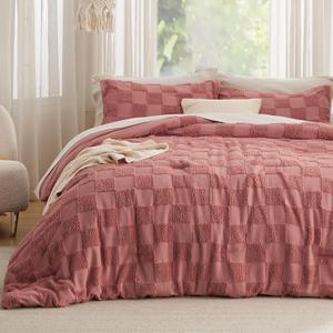 Bedsure Queen Size Comforter Set Grayish Pink, Boho Tufted Bed Set, Checkered Farmhouse-Style Distressed Vintage Bedding, 3 Pieces, 1 Plaid Geometric Comforter and 2 Pillow Shams