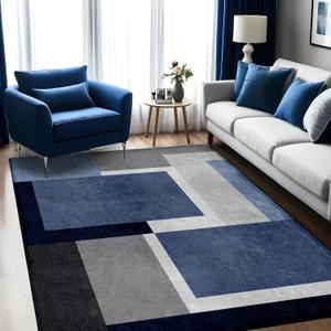 Washable Low-Profile Geometric Area Rug, 0.2 inch Thin Abstract Rug Design for Living Room & Bedroom Decor, 5x7 ft Blue Grey Modern Non-Slip Floor Rug