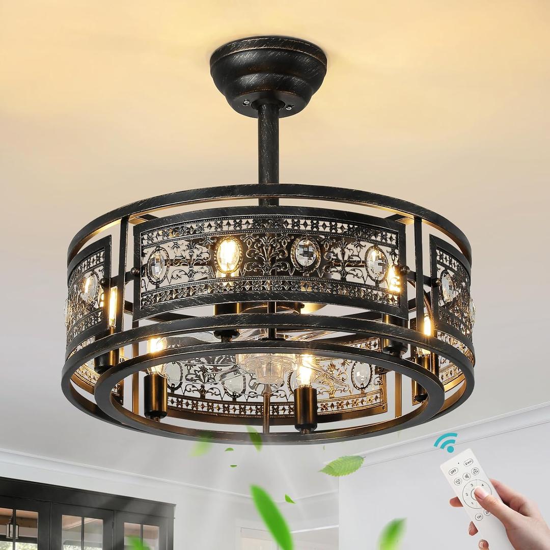 KAISITE Farmhouse Fandelier Ceiling Fan with Lights 19 Inch Black Rustic Vintage Crystal Ceiling Fan Antique Fandelier Semi Flush Mount Bladeless Chandelier Fan for Bedroom Living Room Dining Room, Large