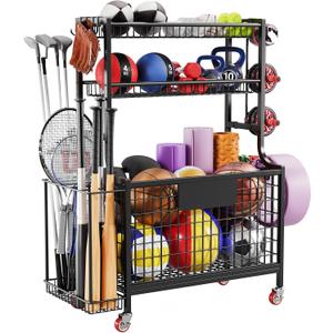 Garage Storage Sports Equipment Organizer: Utility Garage Ball Storage Rack with Wheels - Golf Bag Stand for Rolling Ball Cart with Hooks and Baskets for Basketballs Footballs Toys Indoor Outdoor use