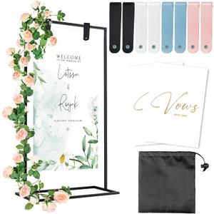 Wedding Welcome Sign Stand, 57x31x15 Easel Stand for Sign with Leather Straps, Flower Vine, Vow Card, Welcome to Our Wedding Sign Stand Holder, Heavy Duty Floor Stand Easel for Wedding Birthday Party (Black)