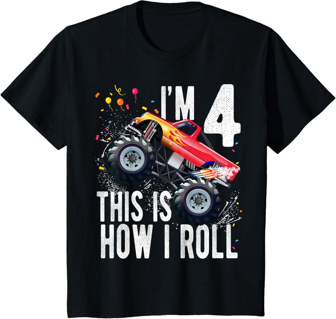 Kids 4 Year Old Shirt 4th Birthday Boy Monster Truck Car T-Shirt, Size Kids S