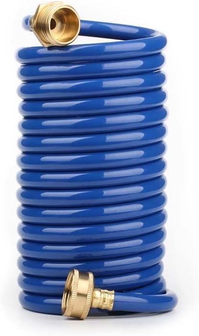 Heavy-Duty EVA Coil Garden Hose with GHT Solid Brass Fittings, Water Hose with Brass Connectors, for Garden Lawn Watering, Car Washing (15FT, Blue)