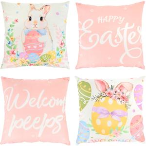 Feuille Happy Easter Throw Pillow Covers Set of 4 18x18 Inch Bunny & Eggs Spring Decorative Pillow Cases, Farmhouse Easter Decor for Sofa Couch Bed