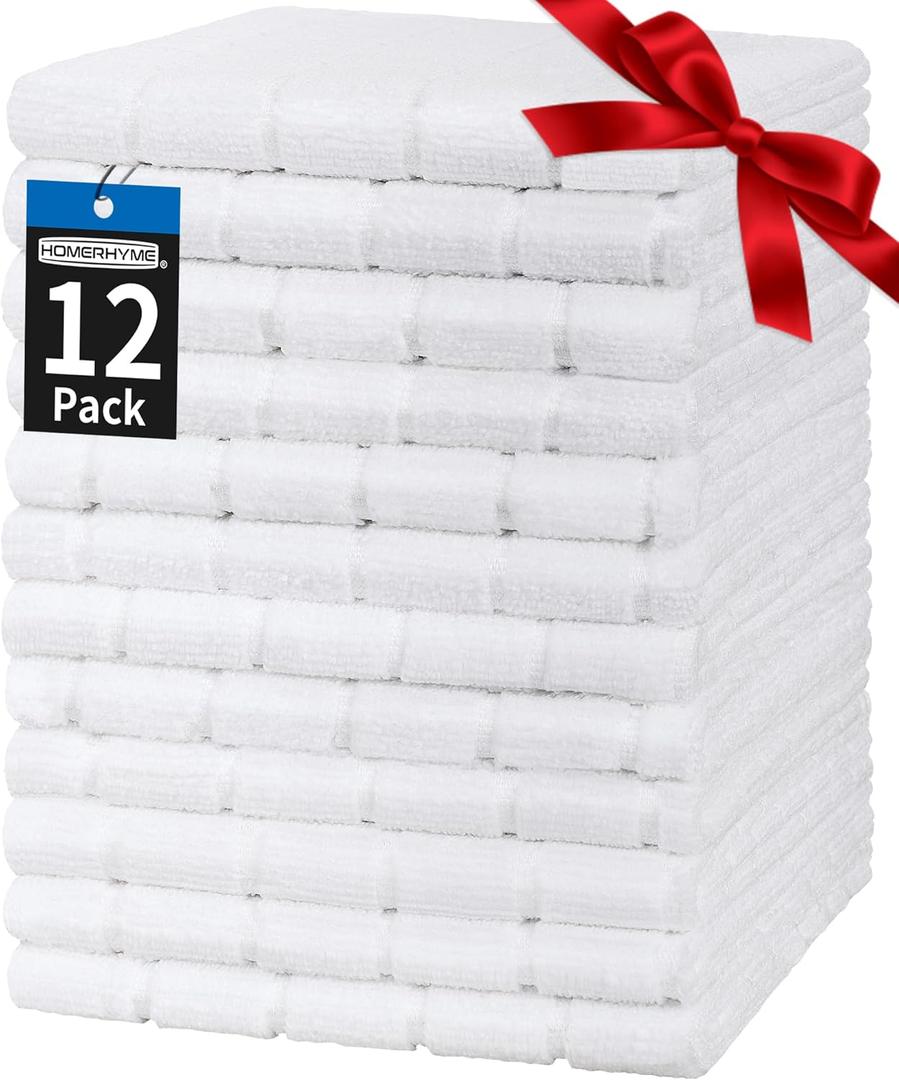 HOMERHYME Hand Towels, 12 Pack 25''*15'' White Microfiber Kitchen Bathroom Hand Towels, All-Purpose Quick Dry Lint Free Soft Absorbent Bulk Checkered Washcloth Bath Towels for Travel Gym Hotel