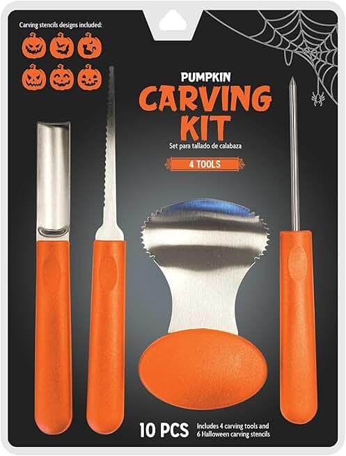 Pumpkin Carving Kit, 10-Piece Halloween Jack-O’-Lantern Decorating Set with 4 Stainless Steel Tools & 6 Stencil Patterns. Pack of 2
