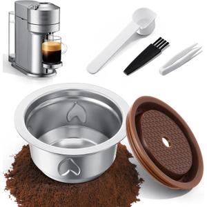 Reusable Coffee Pods Kit, 230ml Stainless Steel Coffee Capsule, Compatible with Nespresso Vertuo Machines, Includes Silicone Lid, Tweezers, Spoon & Cleaning Brush