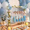 Suclain Mini Wooden Cookie Hangers and Rack Display Stand for Baby Shower Bridal Shower with 6 Hangers, Wood Cookie Rack with Faux Flowers, Vines, Ribbon and Treat Bags for Candy Table Wedding(Blue)