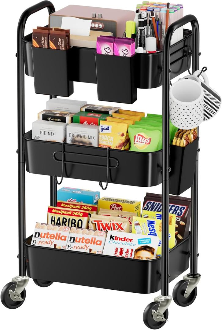 Simple Trending 3 Tier Metal Cart on Wheels, Heavy Duty Rolling Storage Cart with 3 Box and Hooks for Kitchen to Organize Books Snacks Tools, Black (Black)