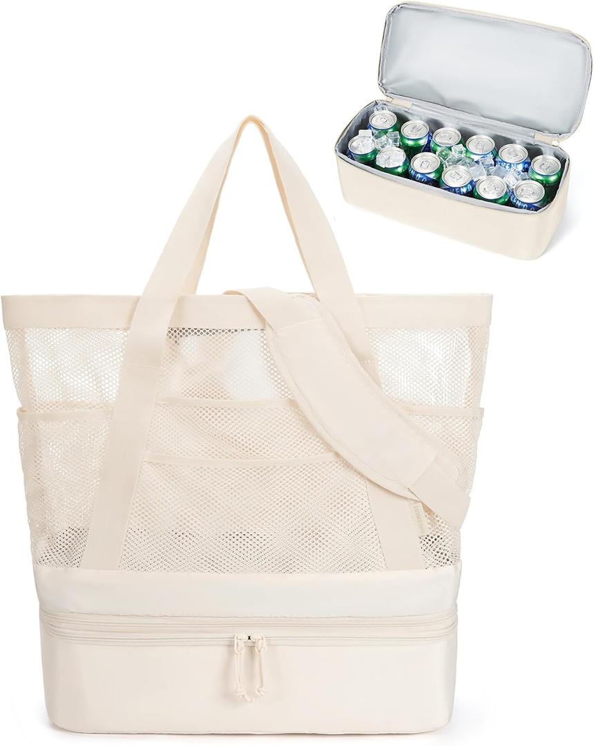 BAGSMART Beach Bag for Women, Mesh Tote Bags with Zipper, Sandproof Vacation Essentials with Cooler for Swim Cruise Pool