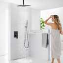 Ceiling Mounted Rain Shower Faucet Set, 16-Inch Ceiling Rainfall Shower Head with Handheld Spray Contain Rough-in Valve and Trim Included, Matte Black