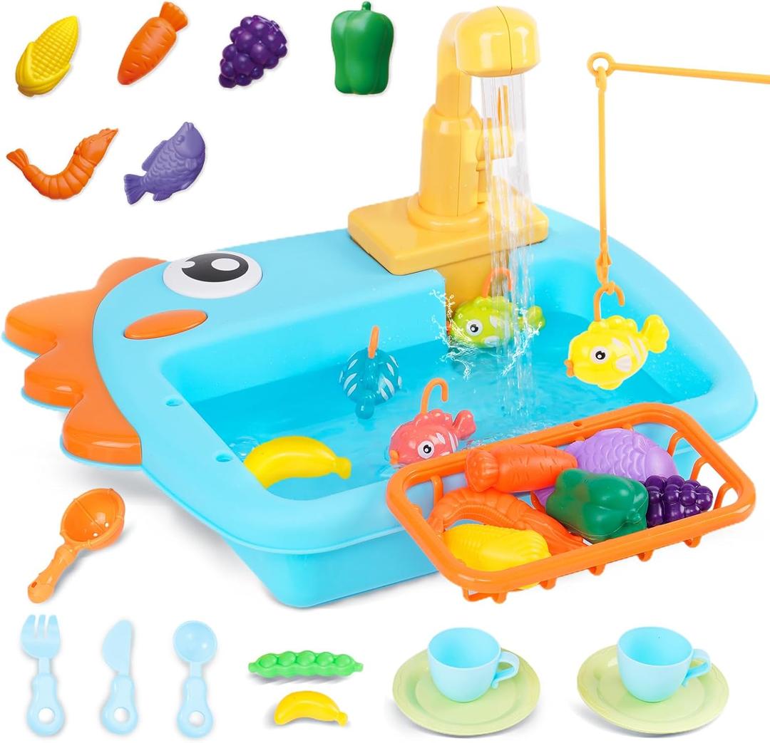 Kitchen Sink Toys with Running Water Kids Play Kitchen Accessories with Automatic Water Circulation Tableware Accessories Vegetable Fruit Fishing Games Gift for Girls and Boys Kitchen Sink Toys with Running Water Kids Play Kitchen Accessories with Automatic Water Circulation Tableware Accessories Vegetable Fruit Fishing Games Gift for Girls and Boys