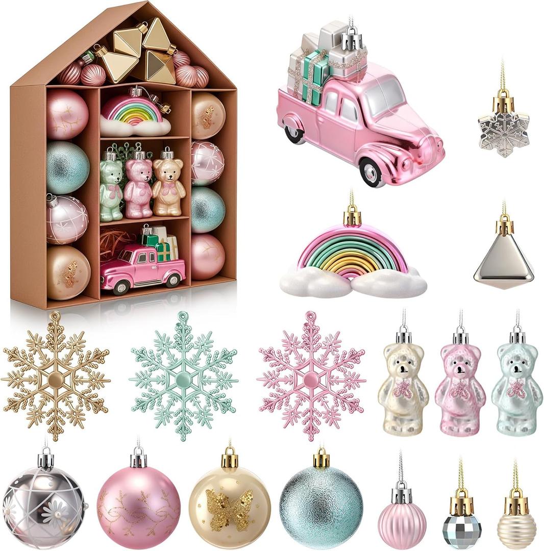 70 Pcs Christmas Ball Ornaments Assorted Shatterproof Hanging Decor for Christmas Tree Decorative Vintage Traditional Ornaments Bulk Holiday Party Decorations (Pink,Gold,Bear)