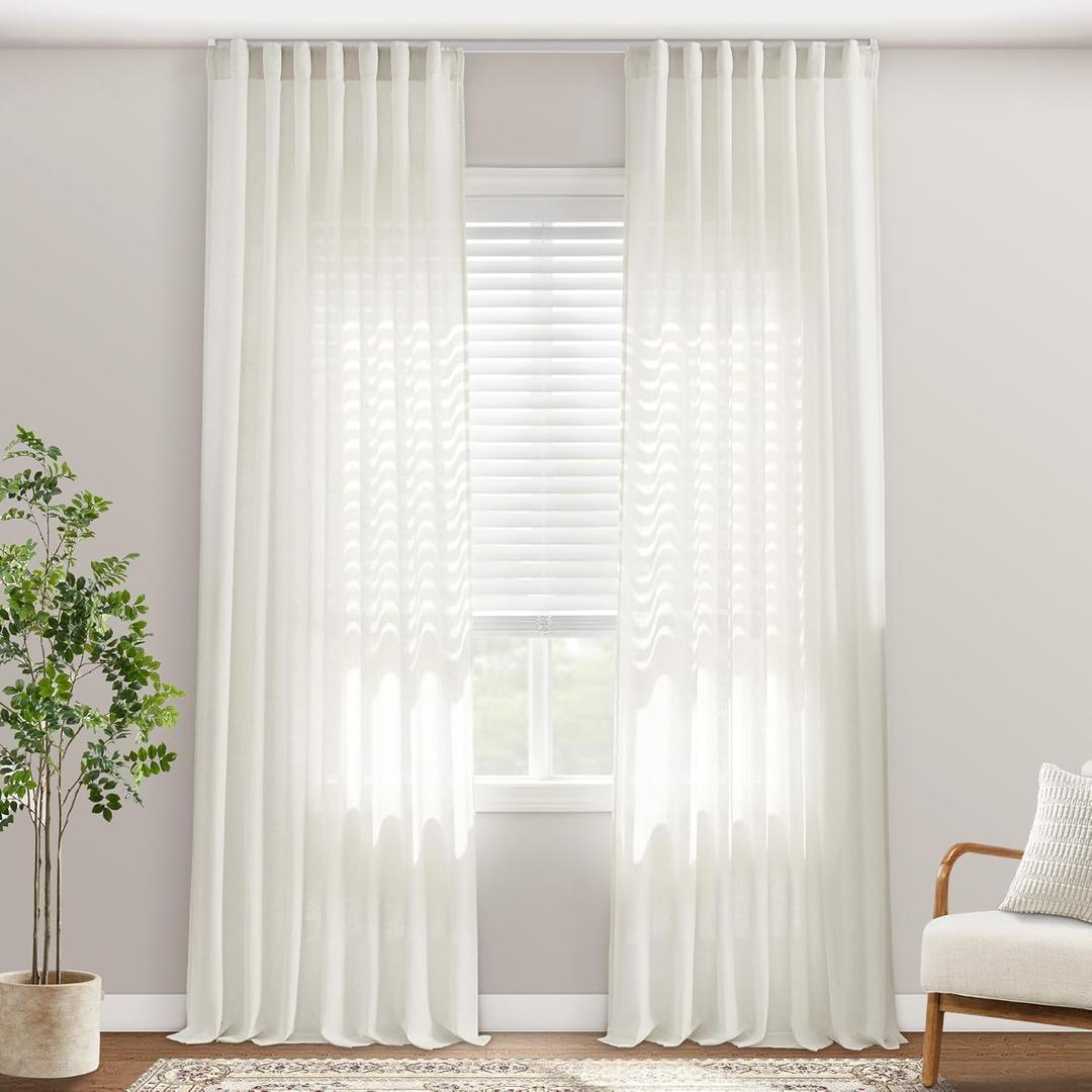 102 Inch Long Linen Cotton Blend Curtains, Light Filtering Semi Sheer Ripple Fold Hooks Belt Curtains for Track System Living Room Bedroom 2 Panels Set