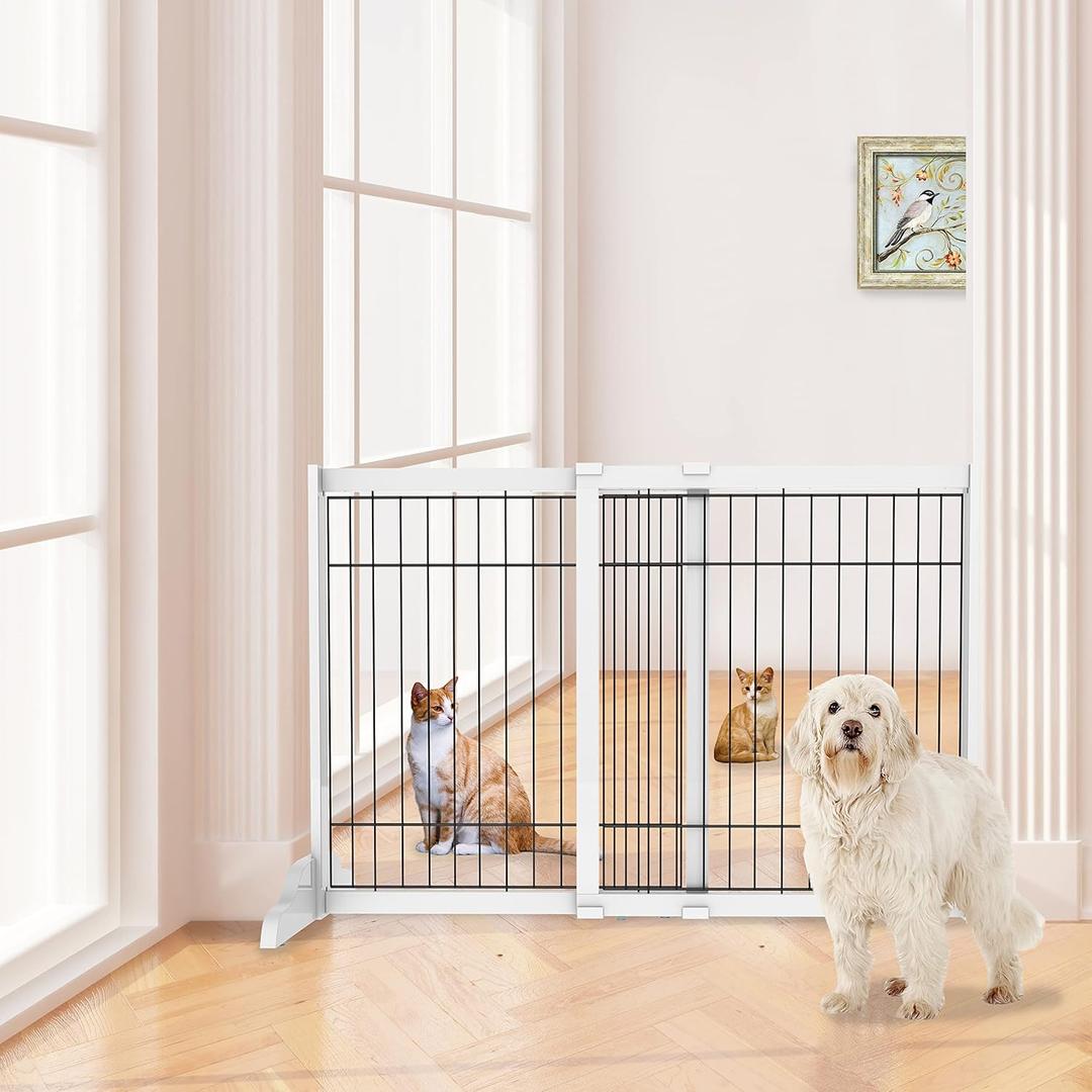 Freestanding Wire Dog Gate, 30" to 53" Adjustable Expandable Pet Gate, White Wooden Extra Wide Dog Fence - 32" H