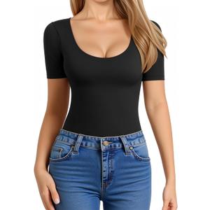 MANGOPOP Women's Scoop Neck Slim Fitted Short Sleeve Double Lined T Shirt Tight Basic Tops Y2K Tee, Black, Medium