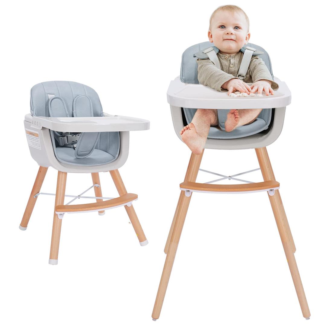 3-in-1 Convertible Wooden High Chair, High Chairs for Babies and Toddlers, Baby High Chair with Adjustable Legs & Dishwasher Safe Tray, Made of Sleek Hardwood & Premium Leatherette, Blue Color
