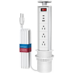 BTU Pop Up Outlet for Countertop with Fast Charging USB Ports, Retractable Recessed Outlet with 3 AC Outlet, 2 USB C Ports, 1 USB A Port for Kitchen Island Countertop Desk Recessed Power Outlet (White)