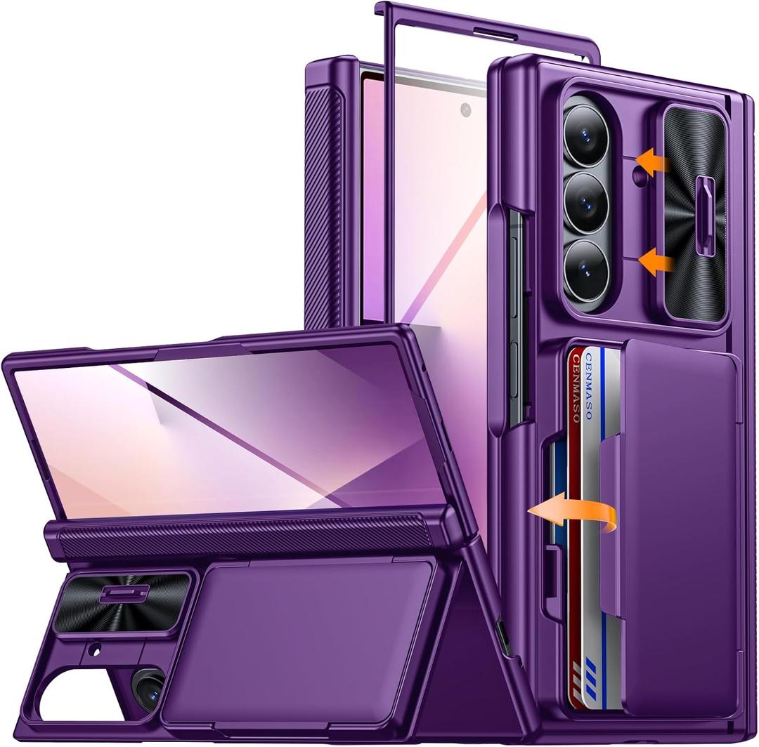 CENMASO for Samsung Galaxy Z Fold 7 Case with Card Holder [RFID Blocking] Camera Cover, Hinge Protection, Hidden Kickstand, Screen Protector, Slim Shockproof Phone Case for Galaxy Z Fold 7-Purple