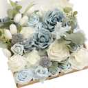 Ling's moment Fake Flowers Box, Faux Artificial Greenery Stems Foam Roses Gardenia Silk Eucalyptus Fabic Flower for Centerpieces Bouquet Wedding Vase Decorations, Dusty Blue & White, Grand Combo
