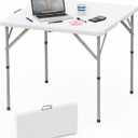 HLPB 34'' Square Folding Card Table, Fold-in-Half Portable Dining Table with Handle and Safety Lock, Foldable Plastic Dining Table Indoor Outdoor for Camping, Picnic and Party Event, White, 34 inches x 34 inches x 30 inches