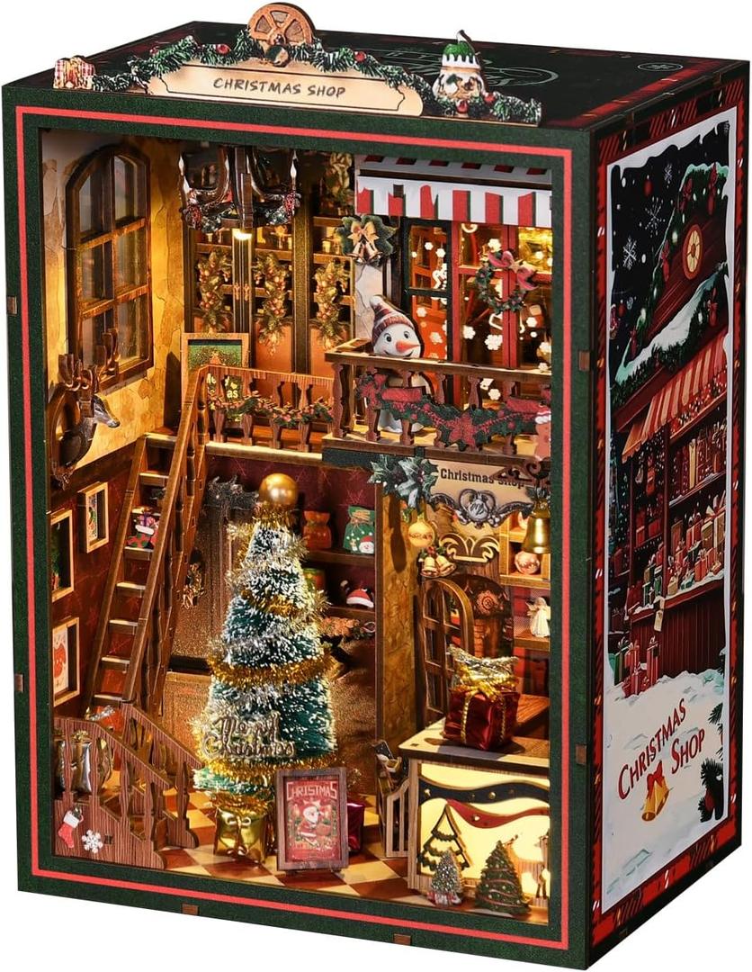 Book Nook Kit for Adults, DIY 3D Wooden Puzzle Miniature Booknook Kit with LED Sensor Light, Crafts Bookshelf Decoration Gift for Adults and Teens (Christmas Store)