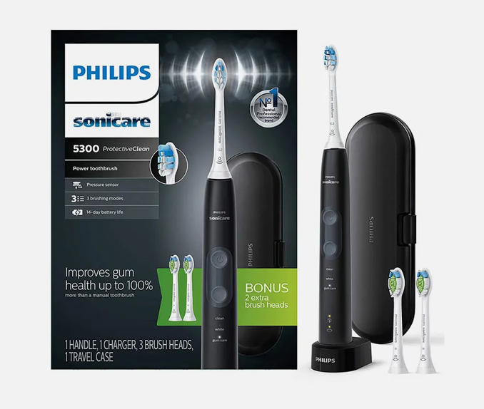 Philips Sonicare Protective Clean 5300 Rechargeable Electric Toothbrush, with Pressure Sensor, 3 Cleaning Modes, SmarTimer and QuadPacer, 14-Day Battery Life, Travel Case, Black