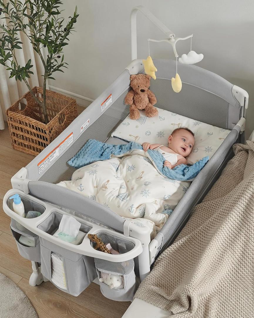 4 in 1 Baby Bassinet Bedside Sleeper, Baby Bedside Crib 5 Functions, Bedside Sleeper, Bassinet Crib, Changing Station for Newborn Baby