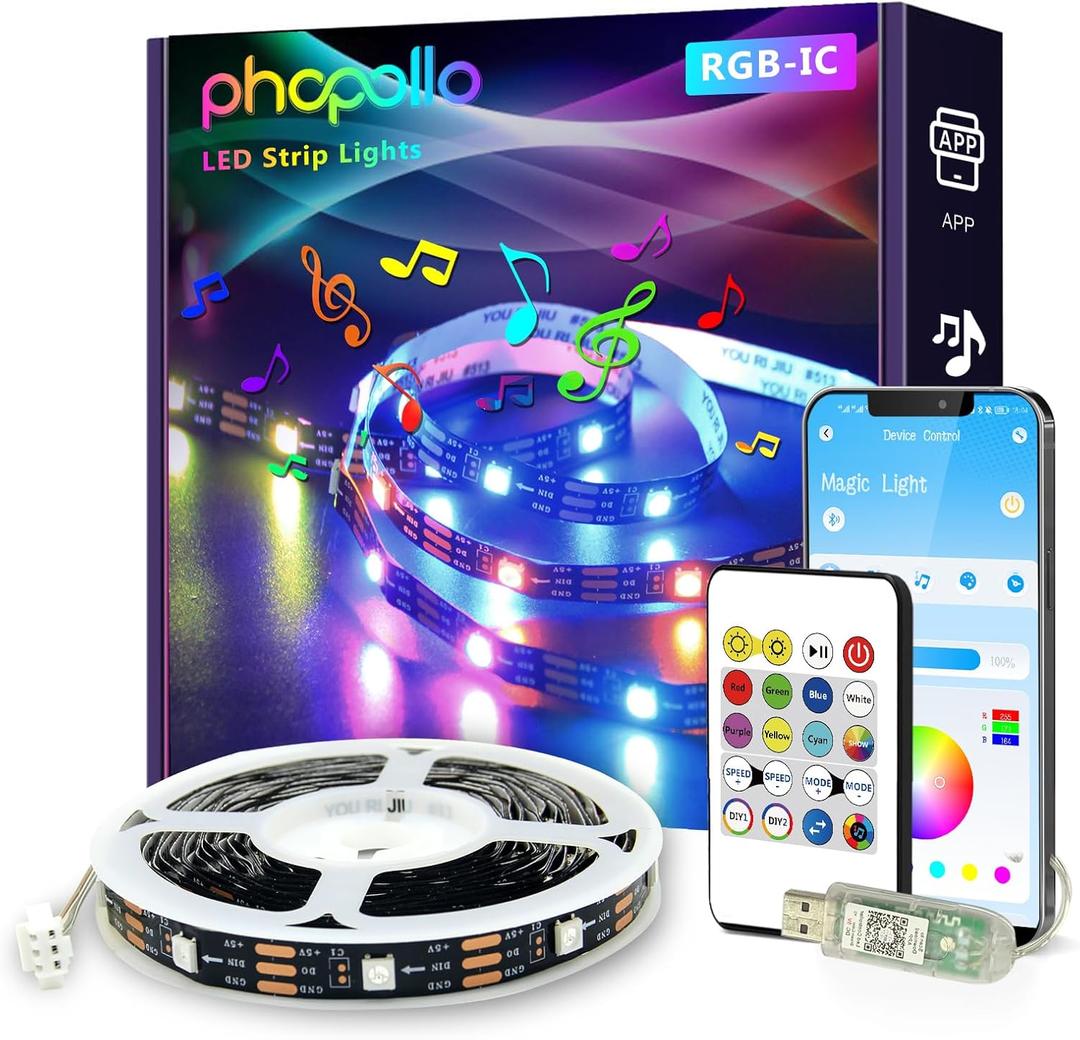phopollo RGB Smart LED Strip Lights, 16.4ft LED Lights for Bedroom, Bluetooth APP Control, DIY Multiple Colors on One Line, Color Changing LED Strip Lighting Music Sync, USB Powered