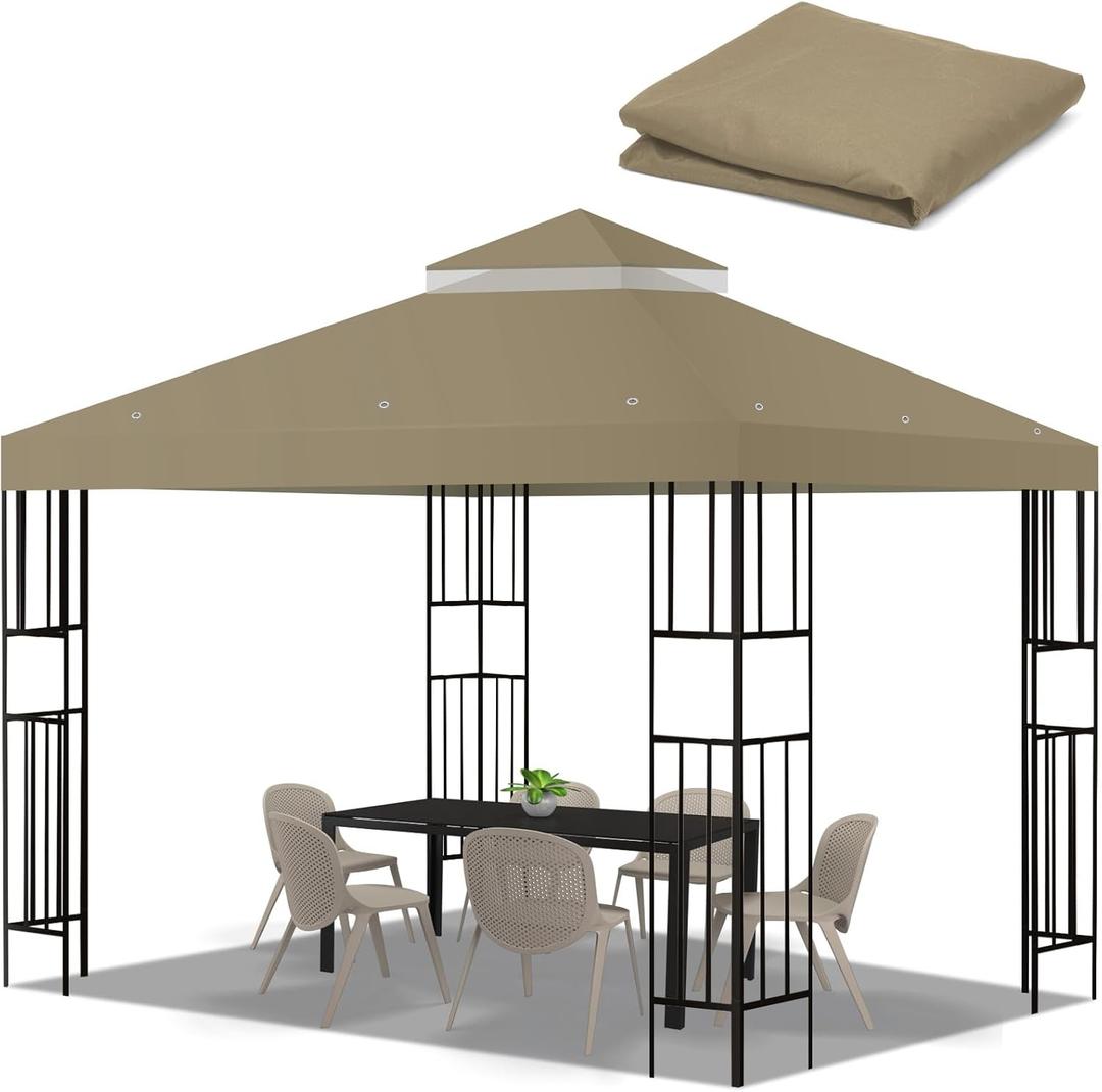 10x10 FT Gazebo Replacement Top, Canopy Replacement Cover Double Tiered for Outdoor BBQ Roof Cover Grill Shelter (Khaki)