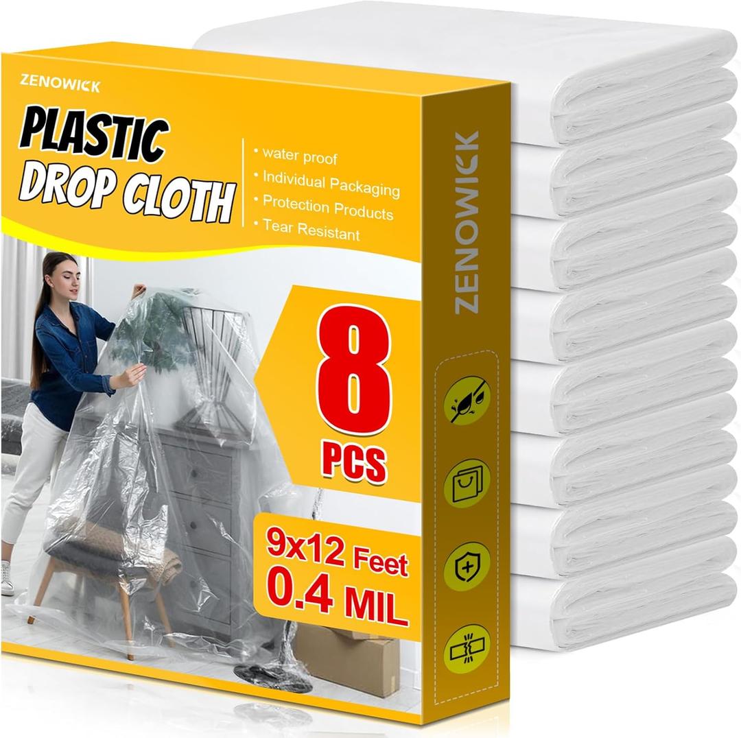 8 Pack Plastic Drop Cloth, 9x12 Ft Plastic Sheeting for Painting, Dust-Proof Tear-Resistant Painters Plastics Tarp Cloth for Furniture Floor Sofa Protector Cover Durable & Thick