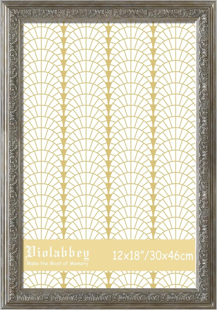 VIOLABBEY 12x18 Picture Frame Sliver, Vintage Photo Frames Ornate without Mat for Wall Hanging
