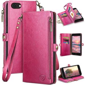 XcaseBar for iPhone SE 3rd/7/8 Wallet case with Zipper Credit Card HolderRFID Blocking, Flip Folio Book PU Leather Phone case Shockproof Cover Women Men for Apple SE case Rose Red