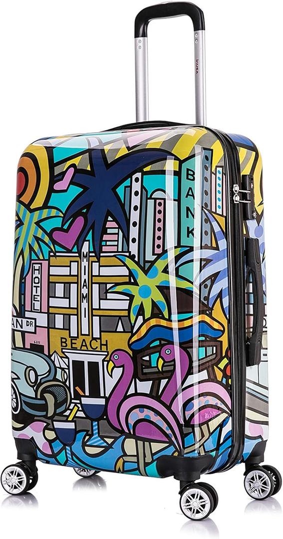 InUSA Miami Print Luggage with Spinner Wheels | Durable Lightweight Hardside Suitcase | Travel Bag with Handle and Trolley | 24-Inch Medium Checked luggage (Cities)