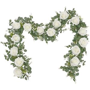 Dolicer 2Pcs 13Ft Artificial Eucalyptus Garlands with Flowers - 8 Roses, Faux Floral Greenery Garlands Fake Flowers Vines for Wedding Table Centerpieces Arch Party Ceremony Backdrop Decor (White)