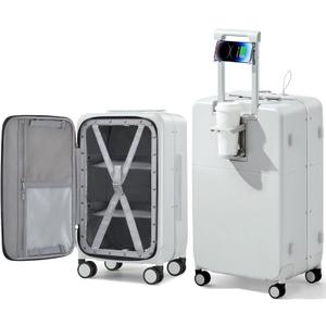 Hanke 28 Inch Luggage with Cup Holder and Charge,Top Opening Hard Shell Suitcases with Wheels and Dividers,Aluminum Frame Trunk Luggage Extra Large Suitcase with Lock for Travel,Smoke White