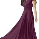 KOH KOH Womens Sexy Cap Short Sleeve V-Neck Flowy Cocktail Gown (Medium, Plum Dark Purple)
