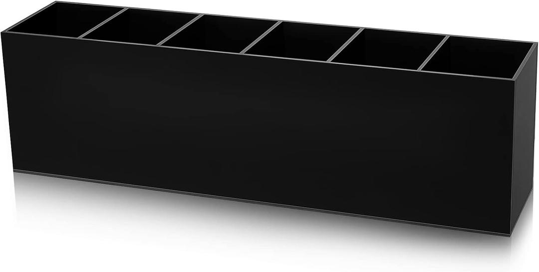 Jetec Acrylic Pen Holder 6 Compartments Makeup Brush Stationery Organizer Pencil Holder for Desk Accessories, Cosmetic Brushes, Dorm, Home, Bathroom, Kitchen, Office Supplies(Black)