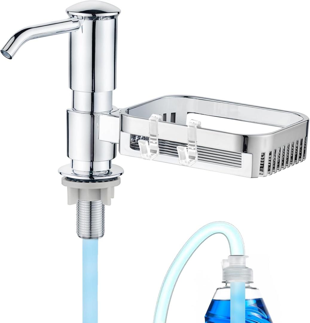 Soap Dispenser for Kitchen Sink with Sponge Holder, Built in Soap Dispenser Pump, Under Counter ABS Pump Head with 38" Extension Tube Kit, Good Suction Power, Chrome
