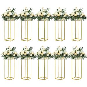 YALLOVE 10 Pack 23.75 Inch Gold Wedding Flower Stand Metal Vase Column Stand Geometric Centerpiece Vase for Home Party Wedding Decorations, Rectangular Flower Display Rack