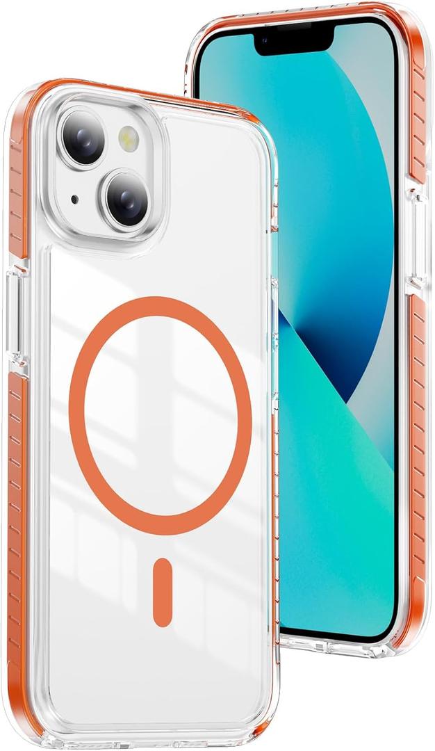 DEERLAMN Magnetic Clear Case for iPhone 13/iPhone 14 6.1-Inch, [Compatible with Magsafe][Anti-Yellowing] Transparent Slim Shockproof Protective Phone Cover, Orange