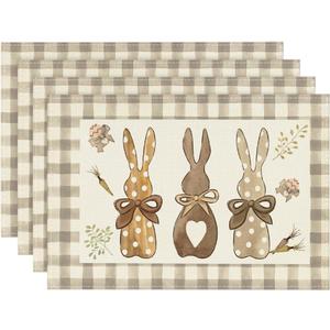 Artoid Mode Buffalo Plaid Bunny Happy Easter Placemats Set of 4, 12x18 Inch Seasonal Holiday Table Mats for Party Kitchen Dining Decoration (Brown)