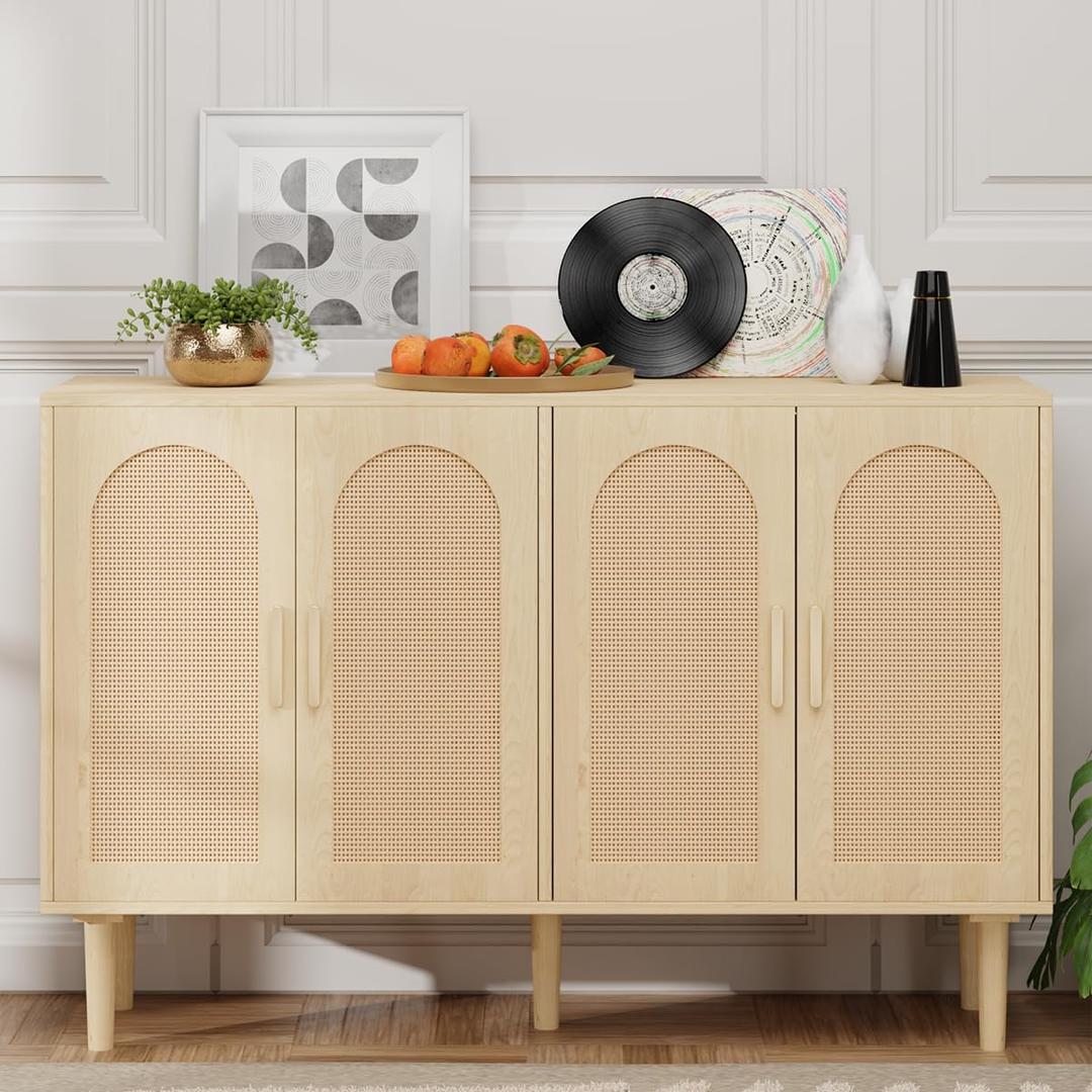 FONTOI Sideboard Cabinet with Rattan Doors, Kitchen BuffetCabinet with Storage, Modern Farmhouse Large Accent-Cabinet Credenza for Entryway Dining Room, Natural (47 x 14 x 30 inch)