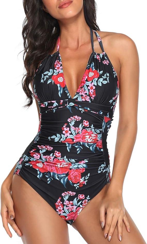 Smismivo Women's Tummy Control One Piece Swimsuits Long Torso Curvy Halter Bathing Suit (Floral Red) S