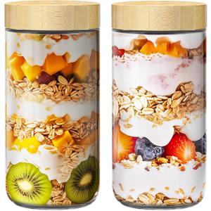 2 pack 24oz Overnight Oats Containers with Bamboo Lids, Glass Jars with Airtight Lids for Meal Prep, Wide Mouth Mason Salad Jars, Glass Food Storage Container for Yogurt Chia Snacks Spice Sugar
