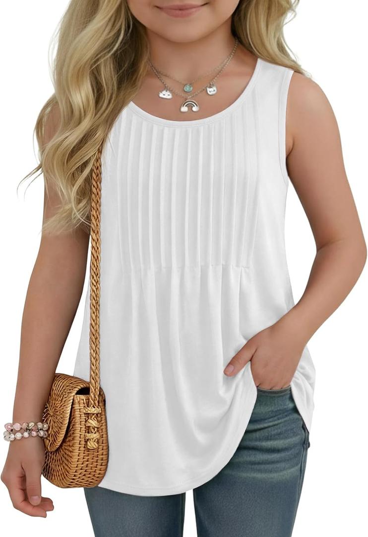 Ficerd Girls' Tank Tops Kids Summer Sleeveless Tunic Pleated Loose Shirt Dressy Crew Neck Casual Cute Blouses 5-14 Years (White)