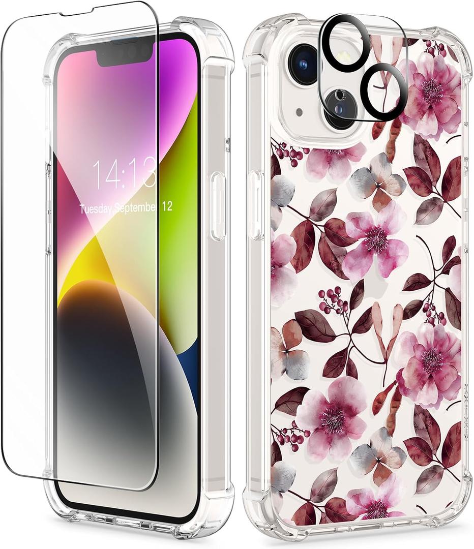 GVIEWIN for iPhone 14 Case Floral, with Screen Protector+Camera Lens Protector,[Non Yellowing] Soft Shockproof Clear Phone Protective Cover for Women, Flower Pattern Design 6.1"(Wild Rose/Burgundy)