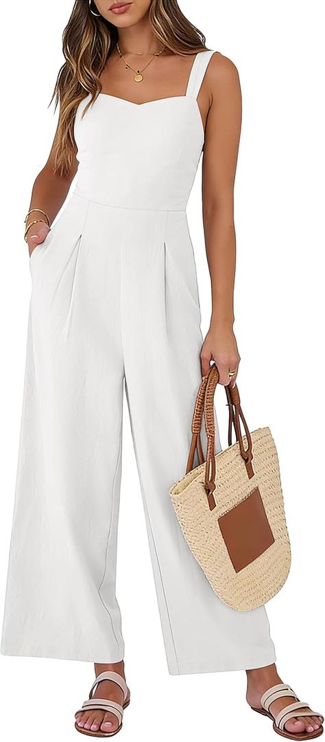 ANRABESS Womens Jumpsuit Casual Summer Wide Leg Sleeveless Smocked One Piece Romper 2026 Beach Travel Vacation Jumper Outfits (Medium, White)