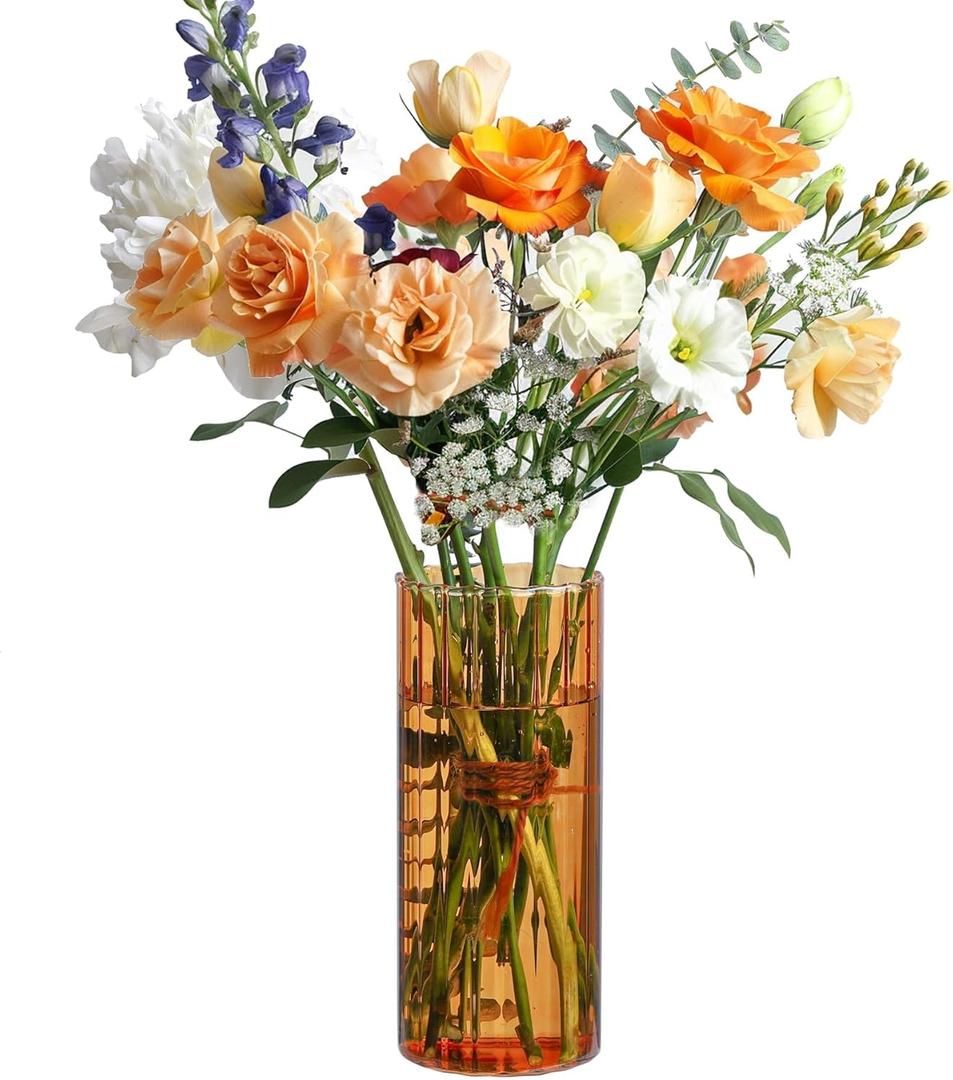 ComSaf Glass Cylinder Vases, Bud Vase for Centerpieces, 8 Inch Tall Ribbed Vase Hurricane Floating Candle Holder, Decorative Flower Vases for Wedding Reception, Home Decor, Housewarming Gift (Amber)