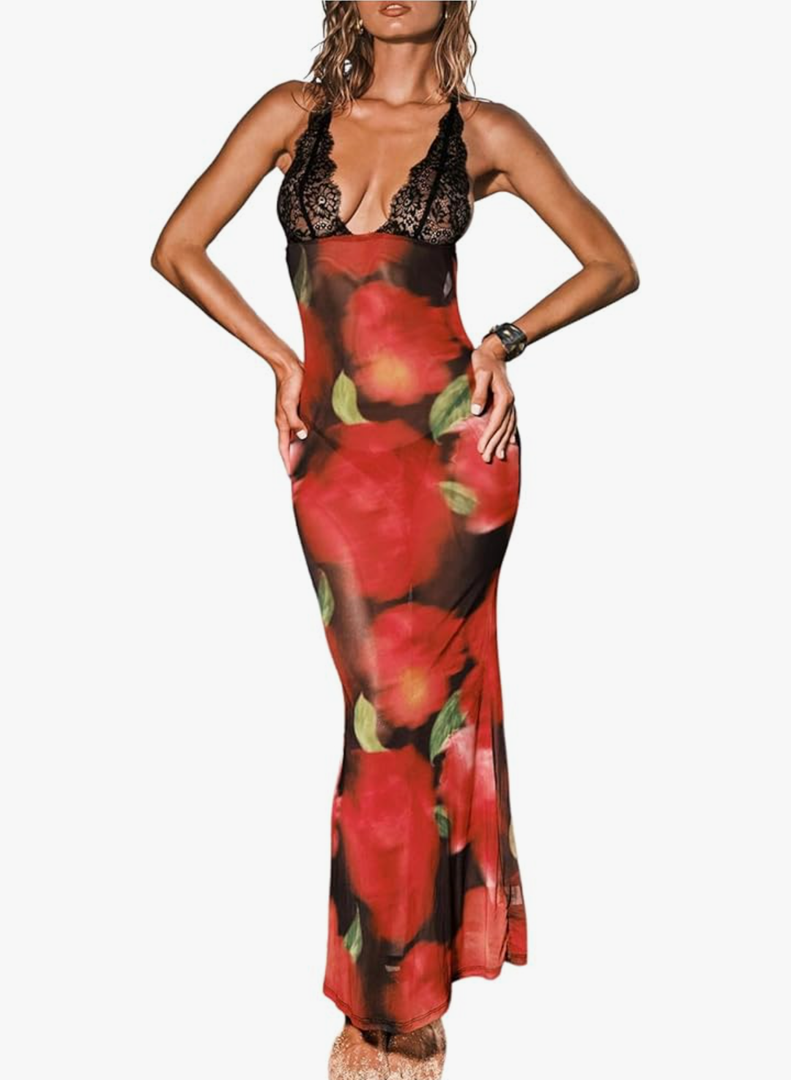 GORGLITTER Women's Lace Mesh Bodycon Maxi Dresses Y2K Open Back V Neck Sleeveless Summer Beach Fishtail Long Dress Size M